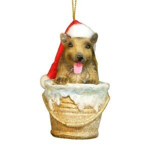 Merry Brite Collie Dog Christmas Ornament Santa Hat Glittered Bucket NEW